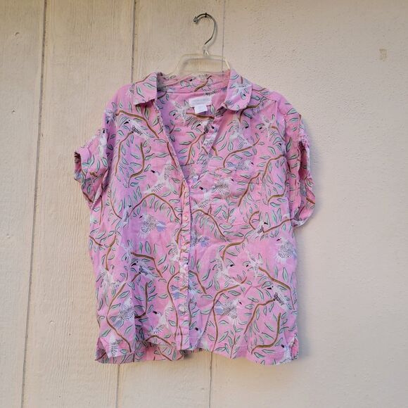 Cynthia Rowley linen bird print button Up top Wmns Sz Large Blouse Coastal Boxy - Picture 1 of 4